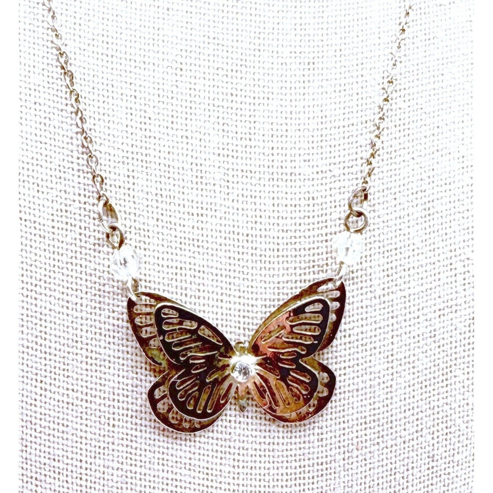 Vintage Silver Tone Butterfly Necklace Clear Stone Pendant 16-18"